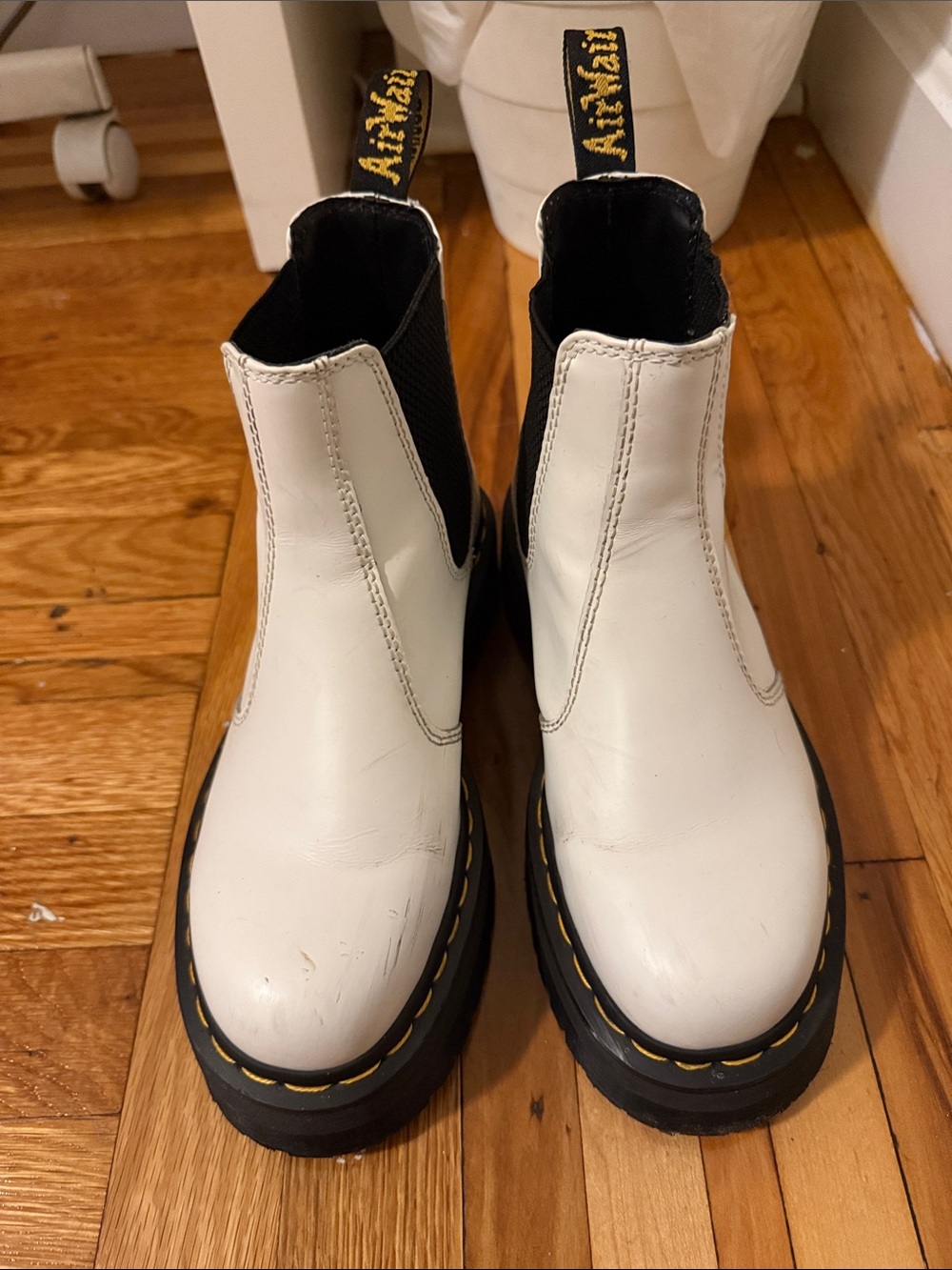 Dr. Martens White Leather Platform Chelsea Boots with Yellow Stitching